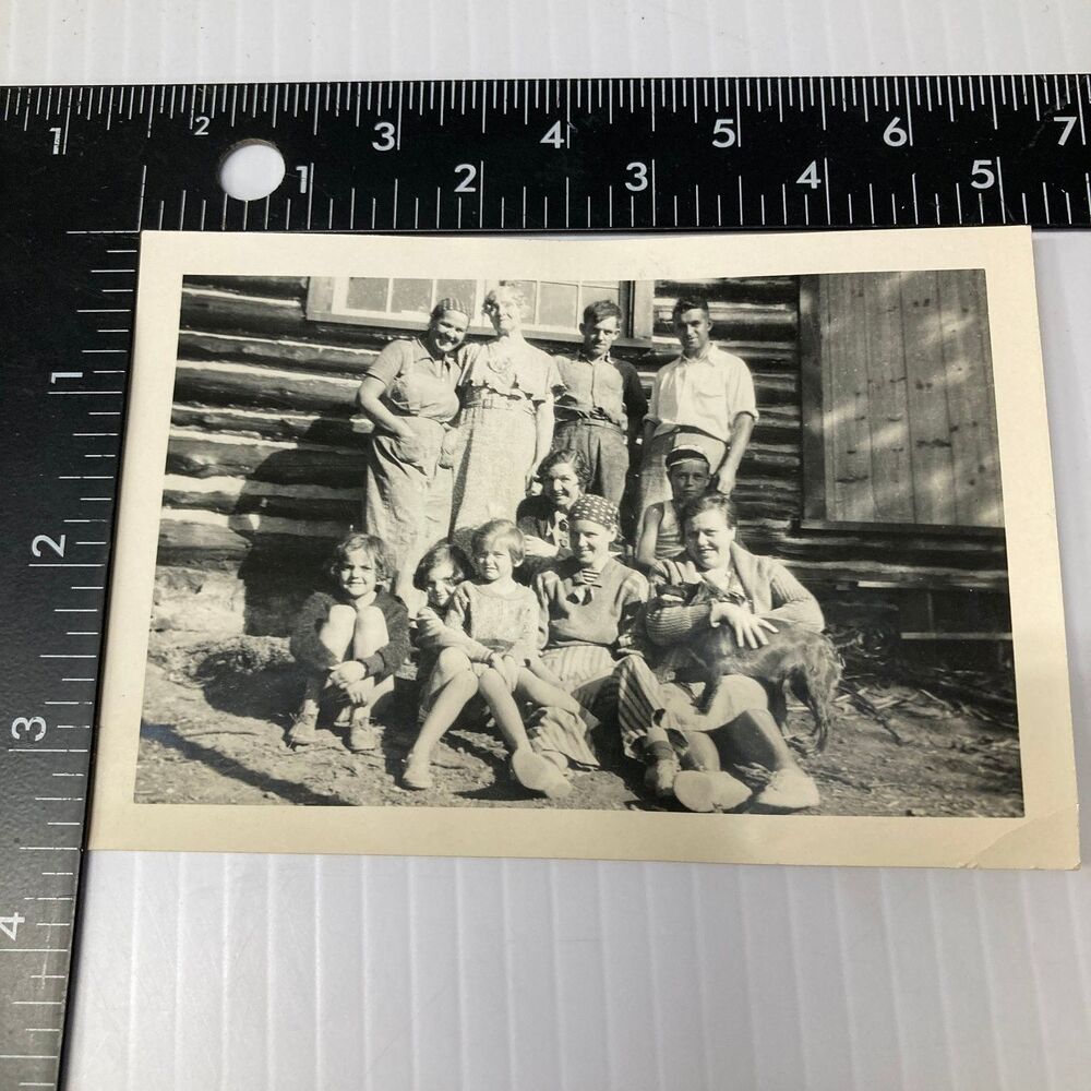 Group Portrait 1930s Snapshot Photograph Log Cabin Children Dog Americana